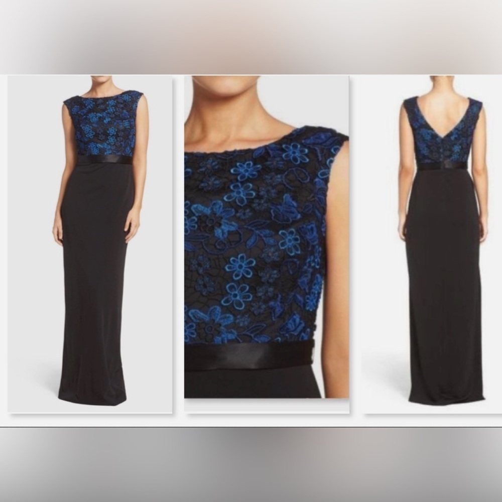 Aidan Mattox Black and Blue Floral Maxi Dress
